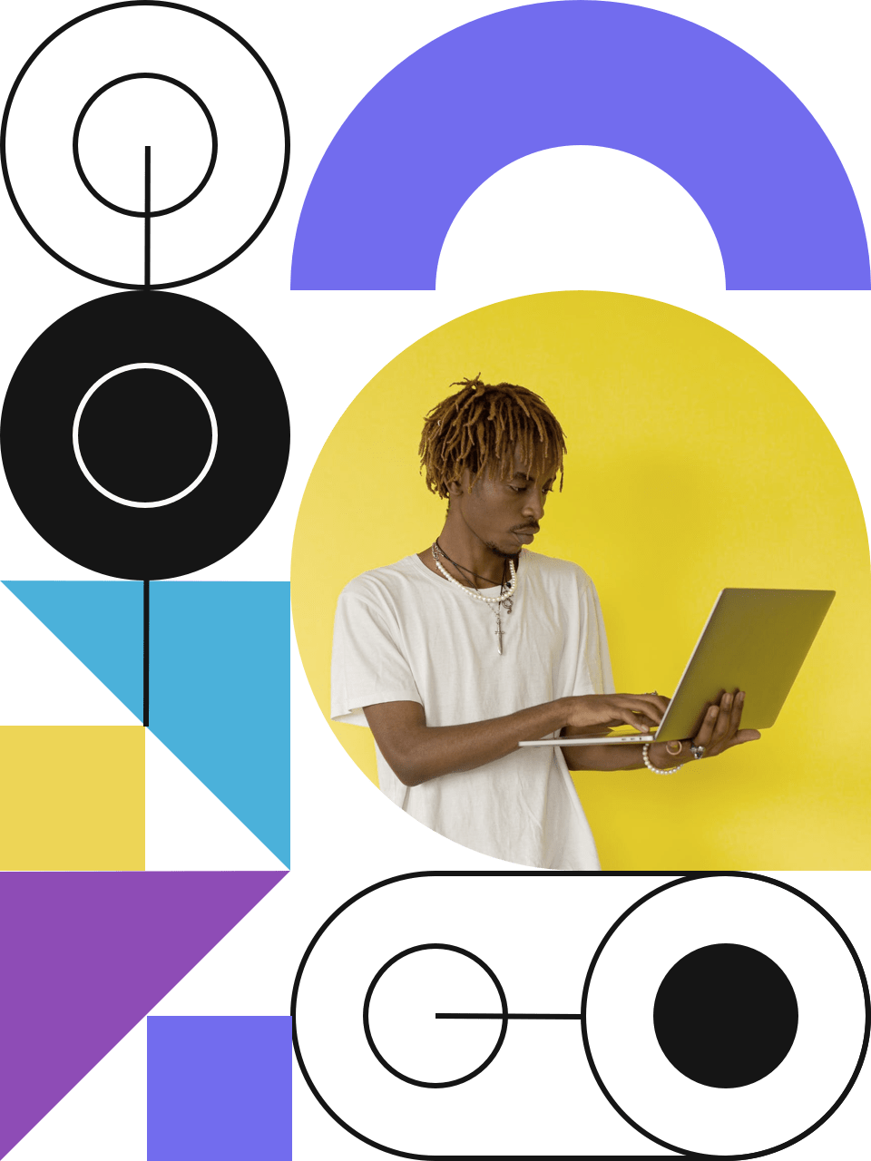 artistic colorful image of a man standing and typing on a laptop